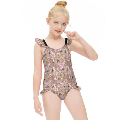 10 Animal Designs, Girls One-Piece Summer Swimsuit, Ruffle Shoulder