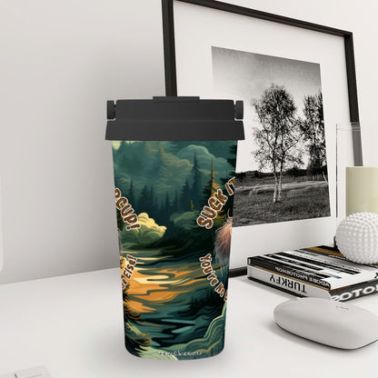 Bigfoot / Sasquatch "Suck it up..", 17 oz Insulated Coffee Mug with Lid & Carrying Handle