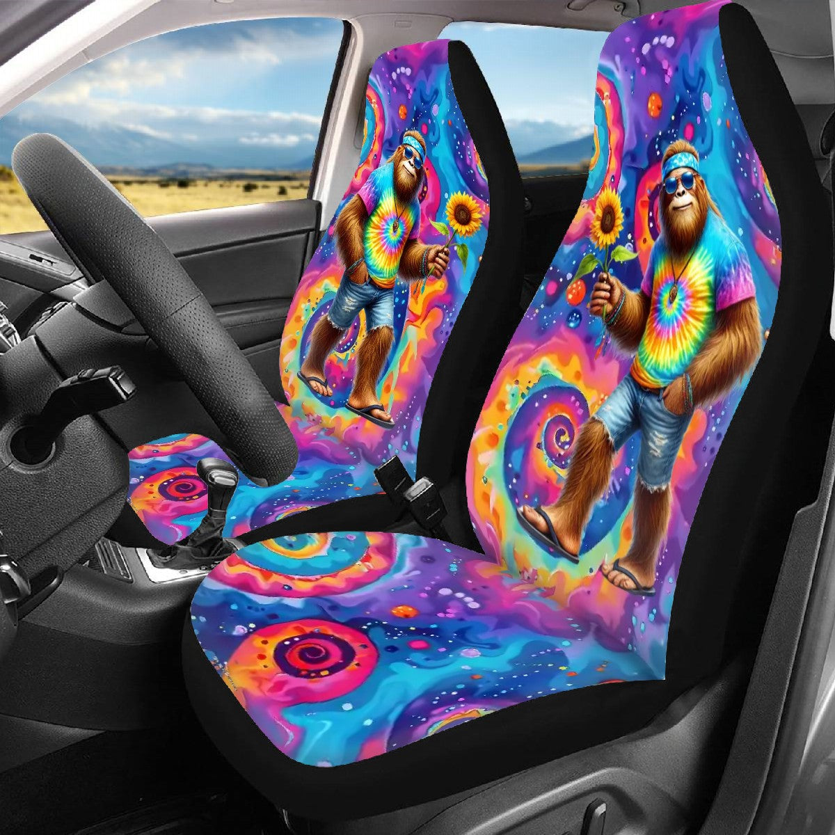Hippie Sasquatch / Bigfoot, Car Seat Covers, Full 7 Piece Set