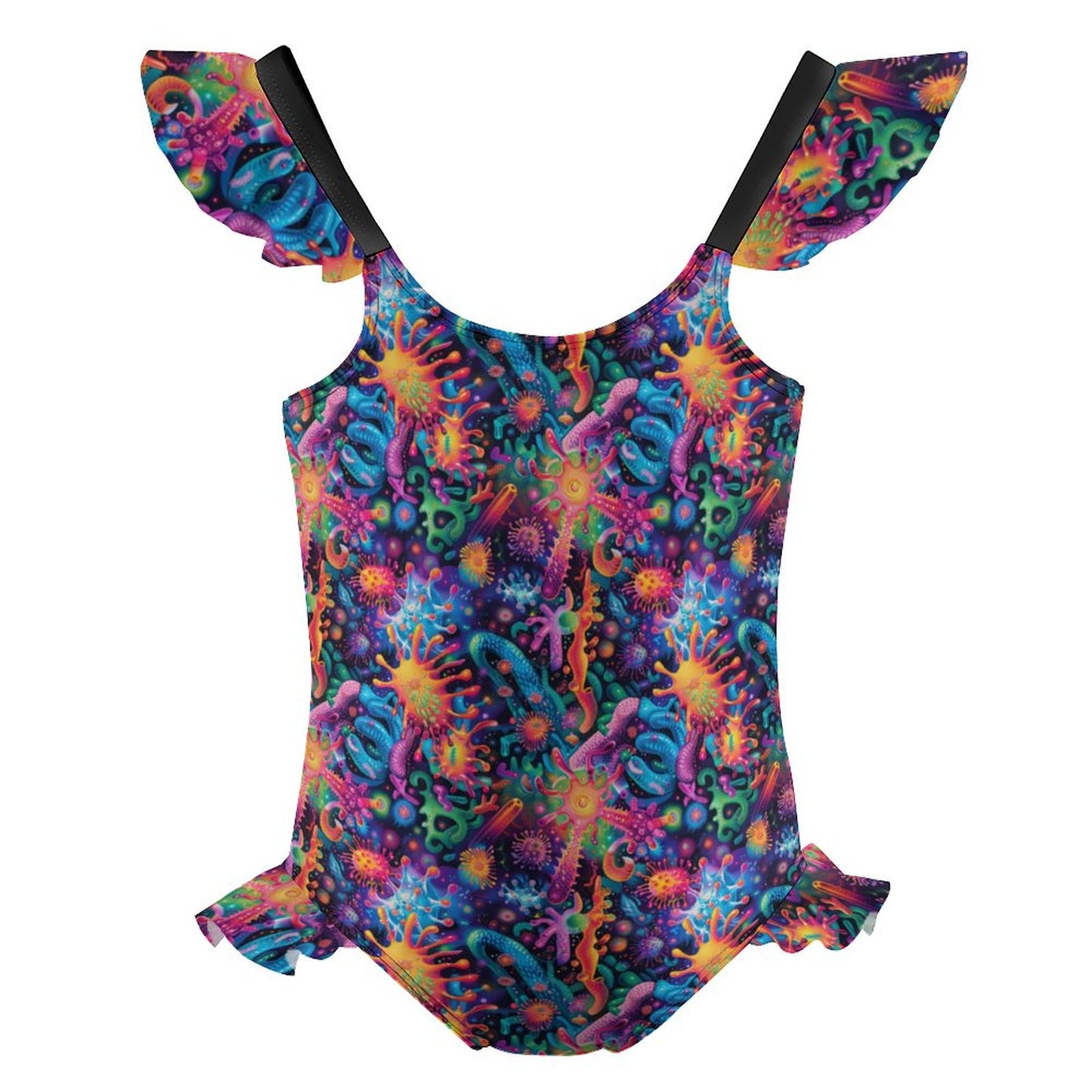 10 Psychedelic Designs, Girls One-Piece Summer Swimsuit, Ruffle Shoulder