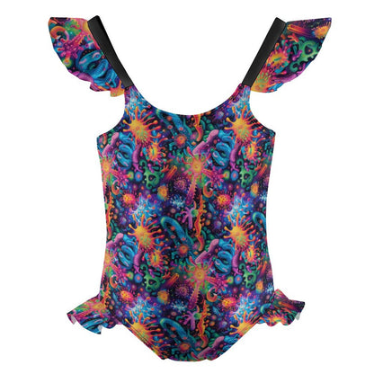 10 Psychedelic Designs, Girls One-Piece Summer Swimsuit, Ruffle Shoulder