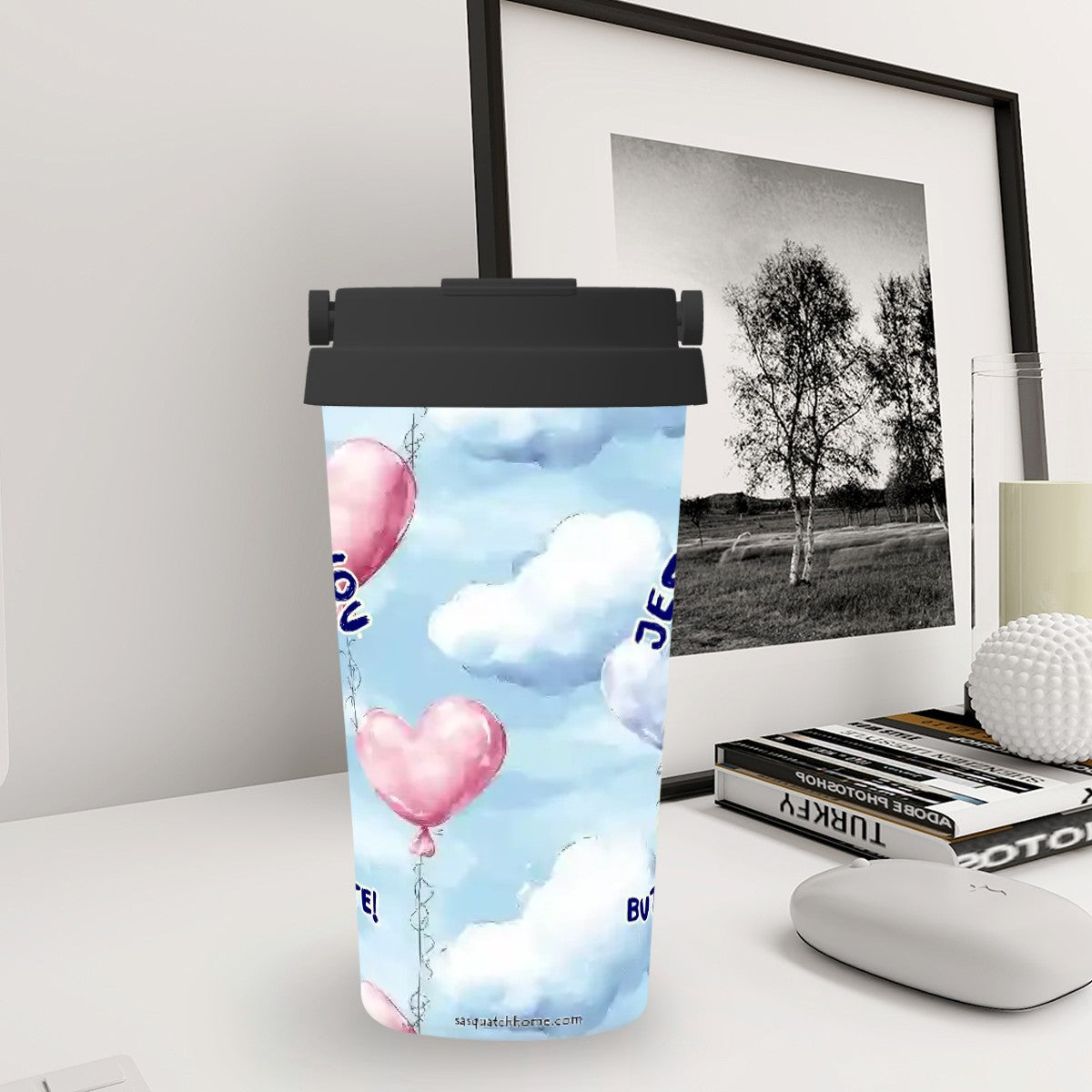 Bigfoot / Sasquatch "Jesus loves you..", 17 oz Insulated Coffee Mug with Lid & Carrying Handle