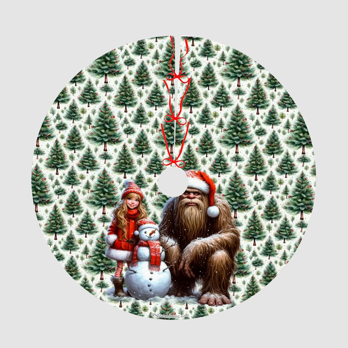 Sasquatch Santa Bigfoot w Girl, Plush Christmas Tree Skirt – 3 Sizes