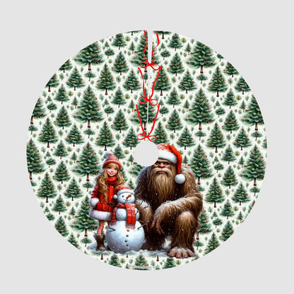 Sasquatch Santa Bigfoot w Girl, Plush Christmas Tree Skirt – 3 Sizes