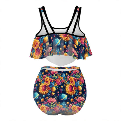 12 Galaxy / Outer Space Designs, Plus Size Ruffle Two Piece Swimsuit Customized Services