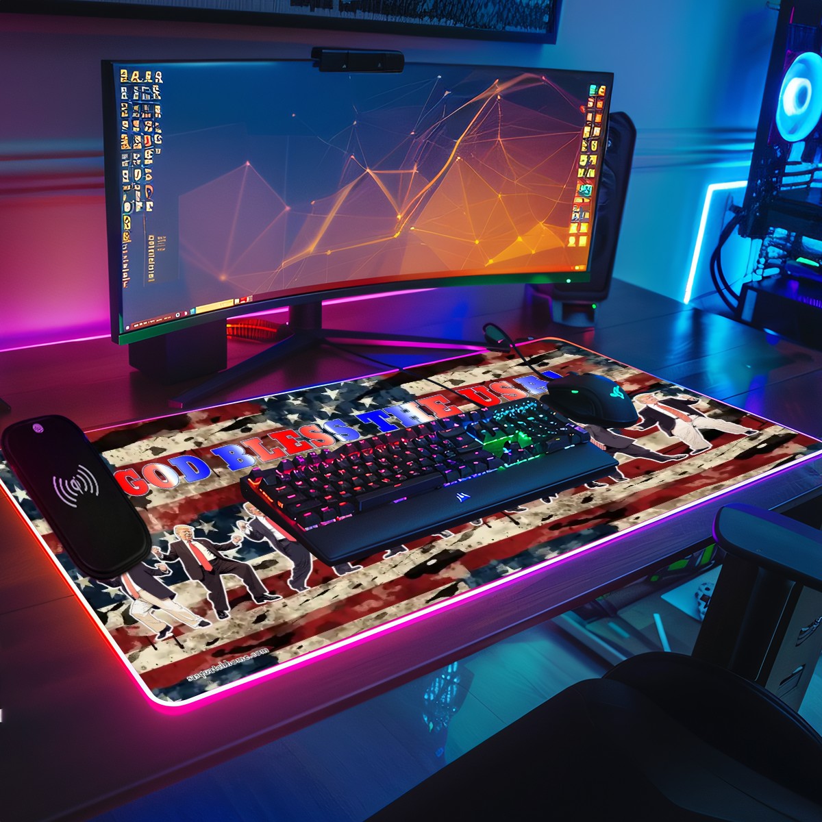 Donald Trump, "God Bless..", Wireless Charging Gaming Mouse Pads / Mat With Lights - 2 Sizes