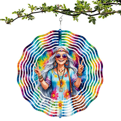 Hippie Lady, US Made Hanging Metal 3D Wind Spinner, Ornament