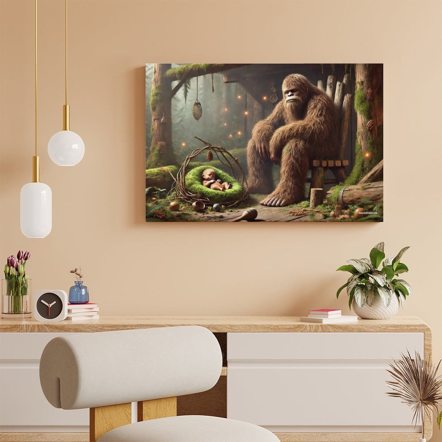 Bigfoot Sasquatch Family Image - Vintage Framed Canvas Art - 2 Sizes – Made in the USA