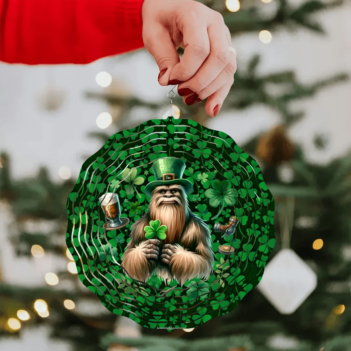 St Patrick Bigfoot, Sasquatch, US Made Hanging Metal 3D Wind Spinner, Ornament