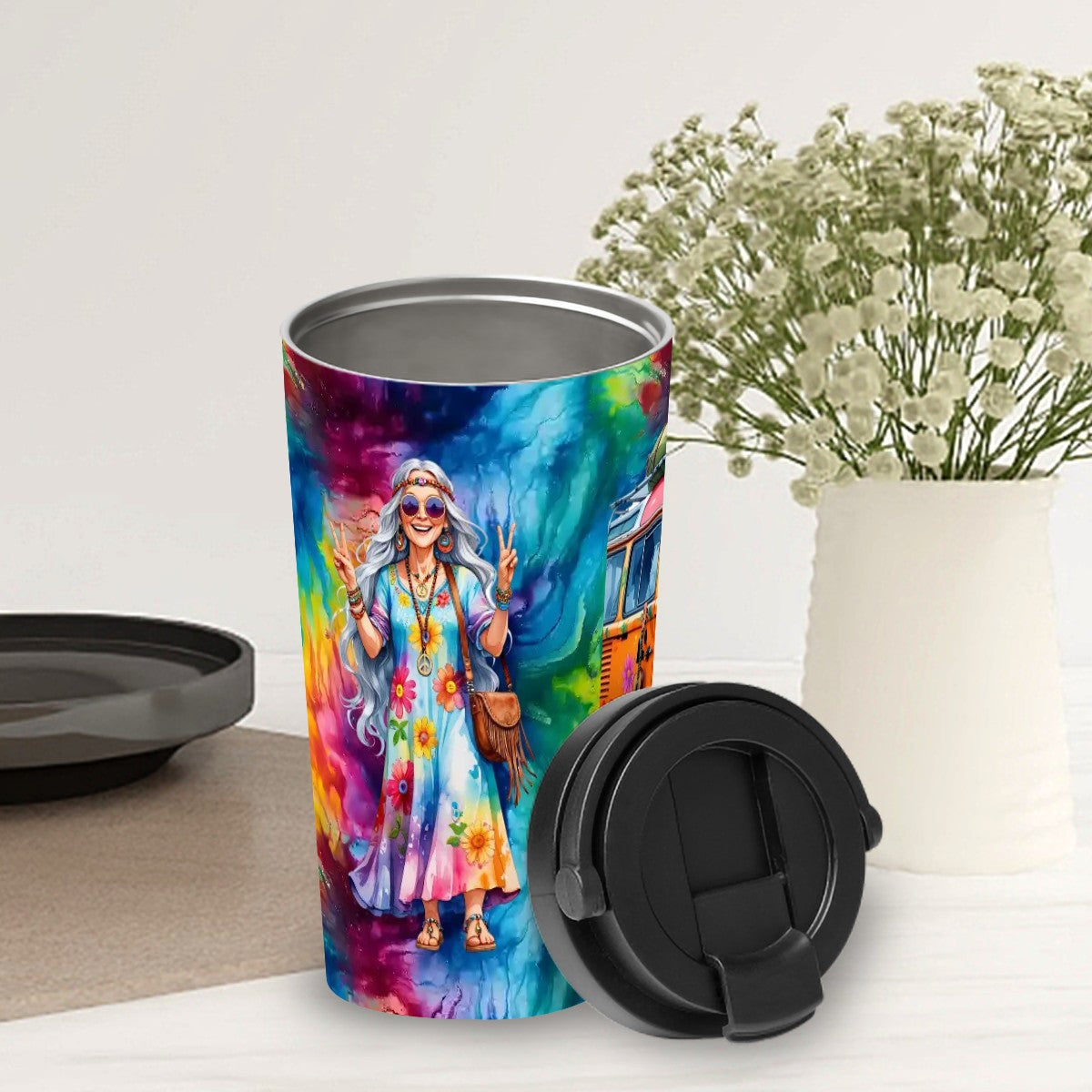 Old Hippie Couple, 17 oz Insulated Coffee Mug with Lid & Carrying Handle