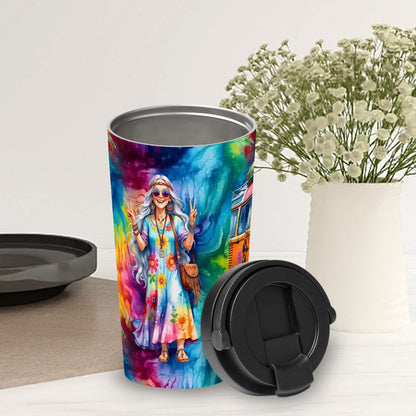 Old Hippie Couple, 17 oz Insulated Coffee Mug with Lid & Carrying Handle