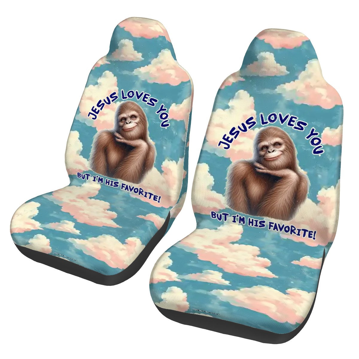 Bigfoot / Sasquatch "Jesus Loves you..", Set of 2 Front Auto Seat Cover