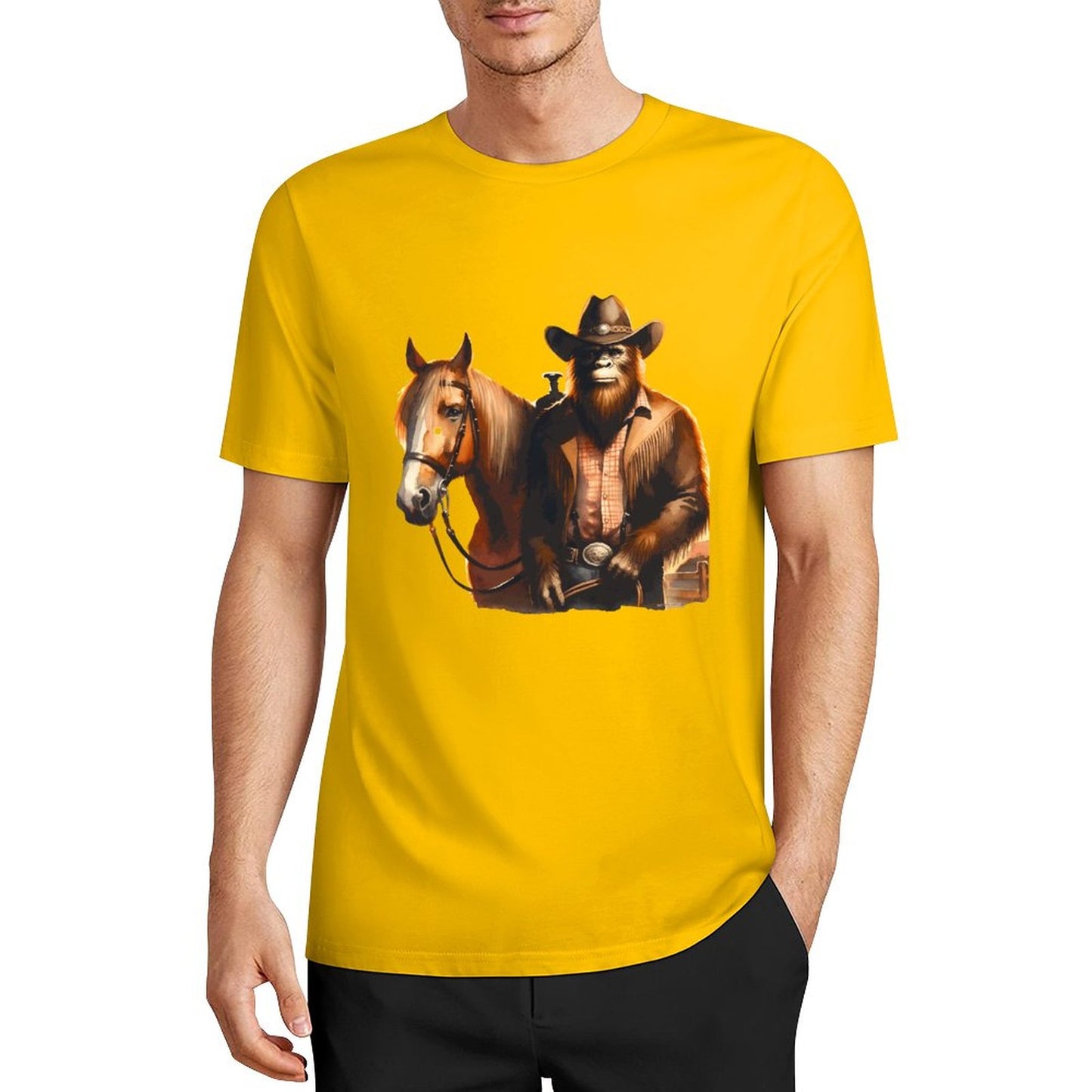 Bigfoot - Sasquatch Cowboy w Horse Short Sleeve Cotton T-Shirt