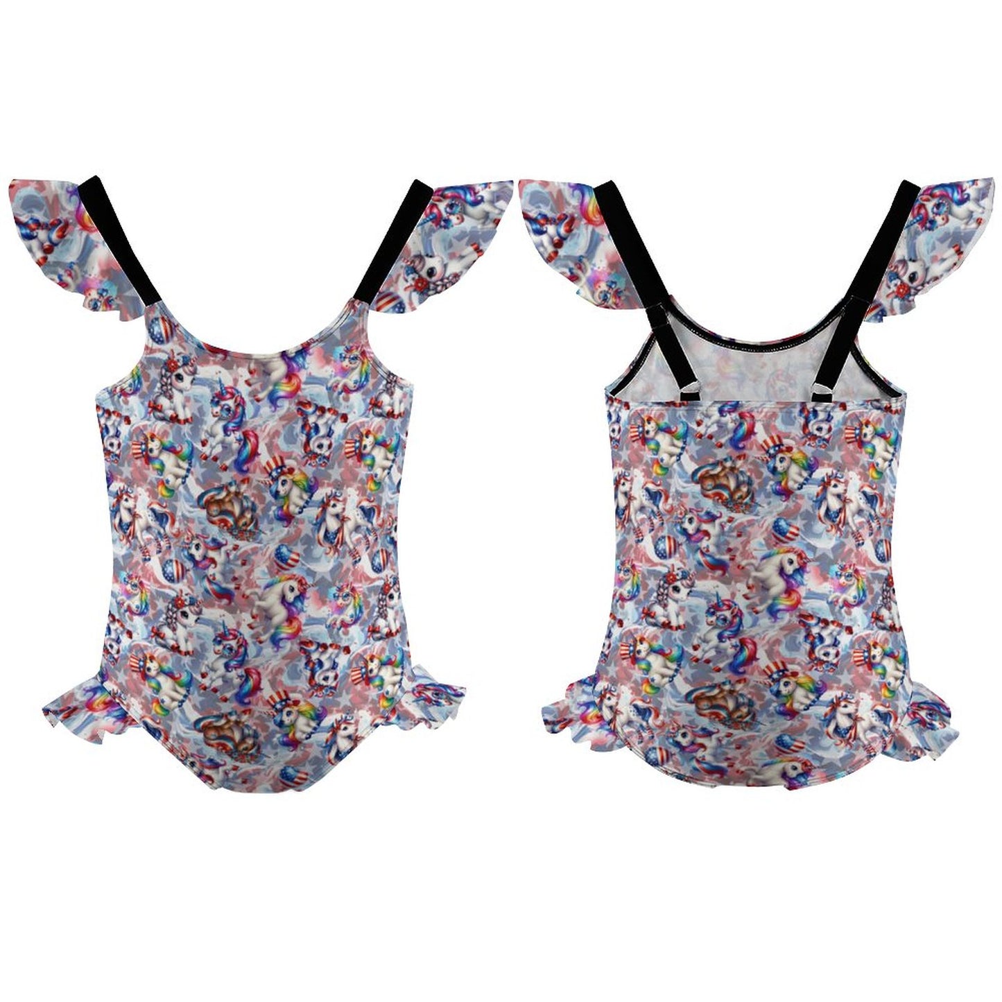 8 Patriot Designs, Girls One-Piece Summer Swimsuit, Ruffle Shoulder