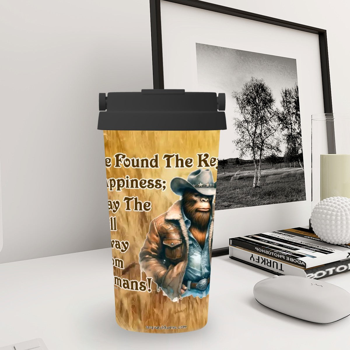 Bigfoot / Sasquatch "Key to happiness..", 17 oz Insulated Coffee Mug with Lid & Carrying Handle