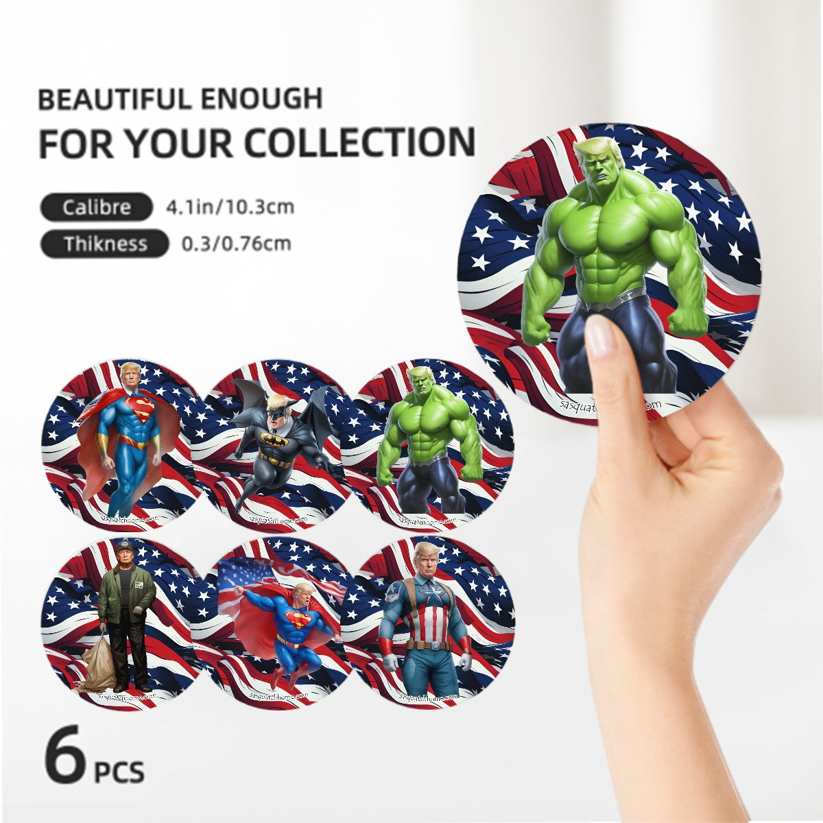 Donald Trump Superheroes, 6 Ceramic Coasters w metal stand
