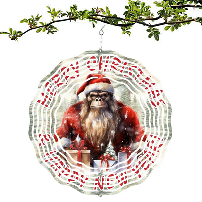 Sasquatch Bigfoot Santa, US Made Hanging Metal 3D Wind Spinner, Ornament