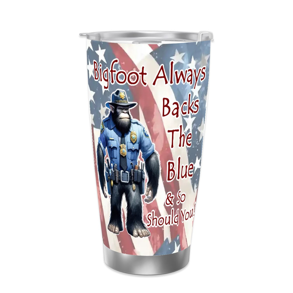 Bigfoot Police Officer, 20 oz Travel Coffee Mug w/ Straw & Brush Options