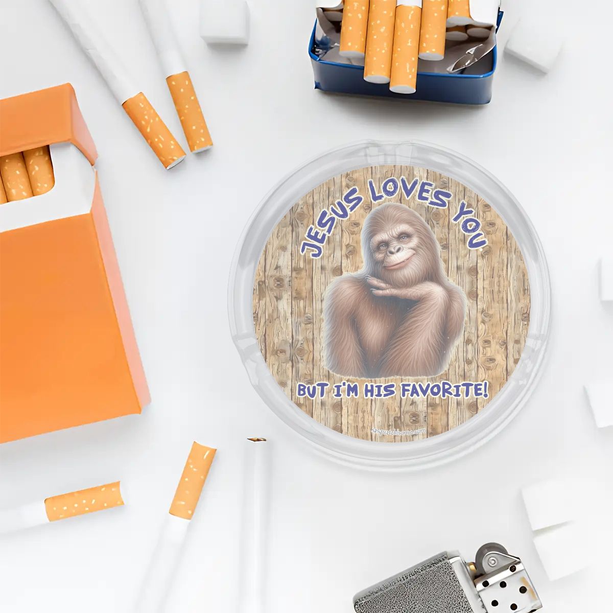 3 .3" Round, Lead Free Glass Ashtray - Bigfoot, Sasquatch, "Jesus loves you..."