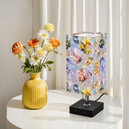 6 Fairy Designs, Square Table Lamp with USB Ports, Charger
