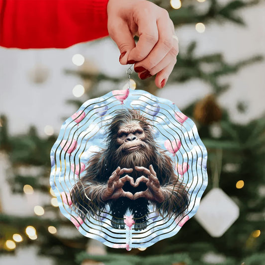 Heart Hand Bigfoot, Sasquatch, US Made Hanging Metal 3D Wind Spinner, Ornament