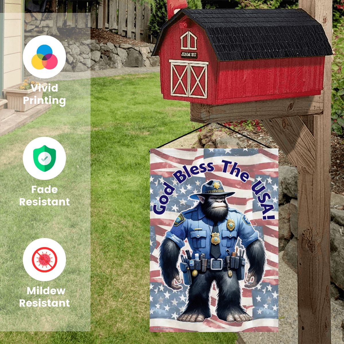 Police Officer Bigfoot Sasquatch Garden Flag 12"x18" (Made in USA) God Bless the USA