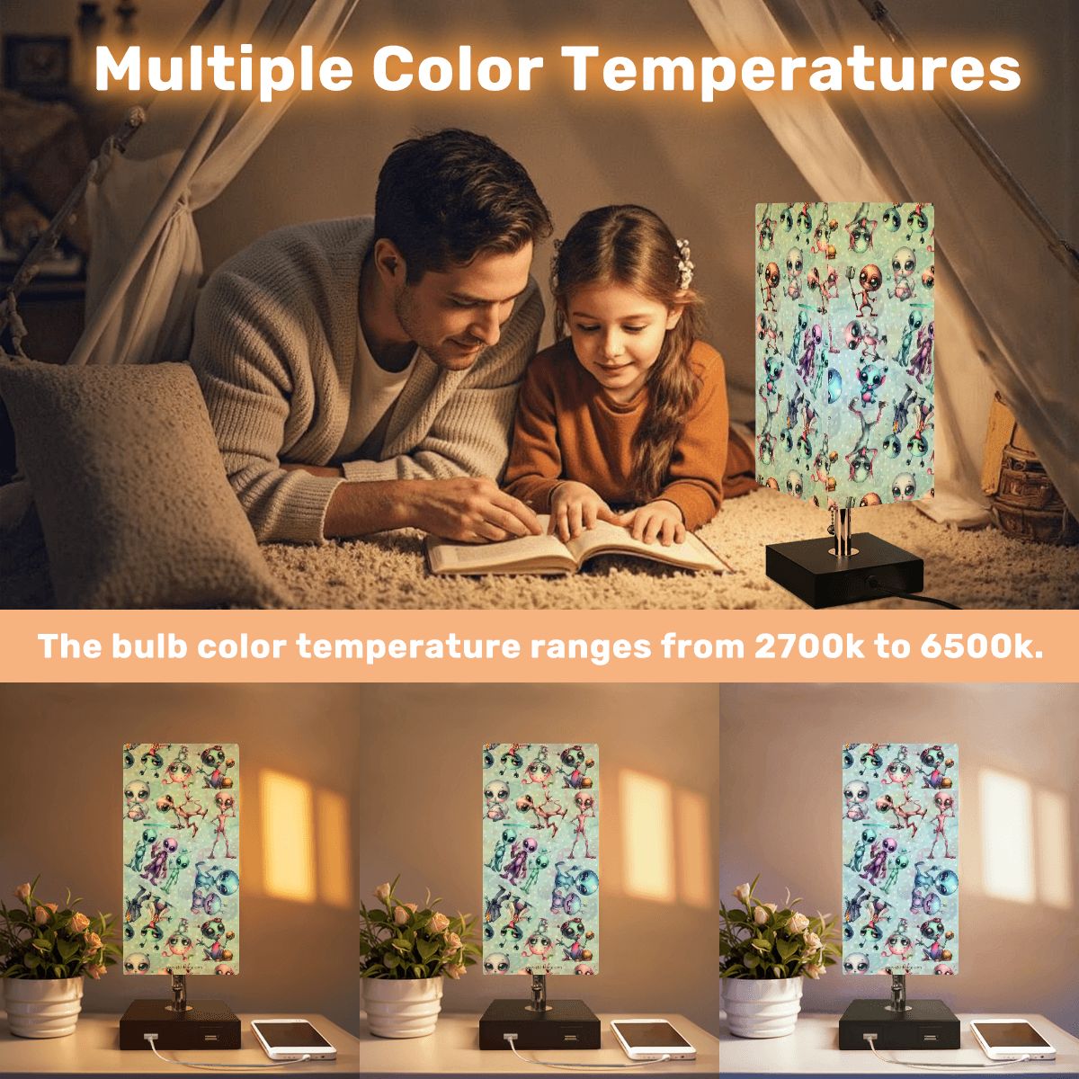 6 Alien Designs, Square Table Lamp with USB Ports, Charger