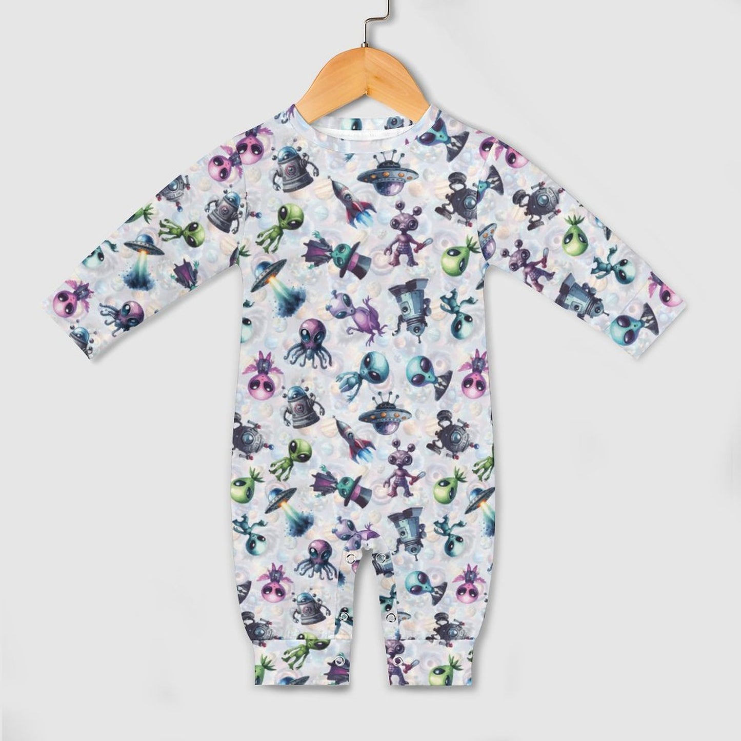 6 Alien Designs, Long Sleeve Baby / Toddler Romper, Faux Cotton