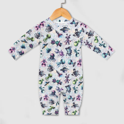 6 Alien Designs, Long Sleeve Baby / Toddler Romper, Faux Cotton