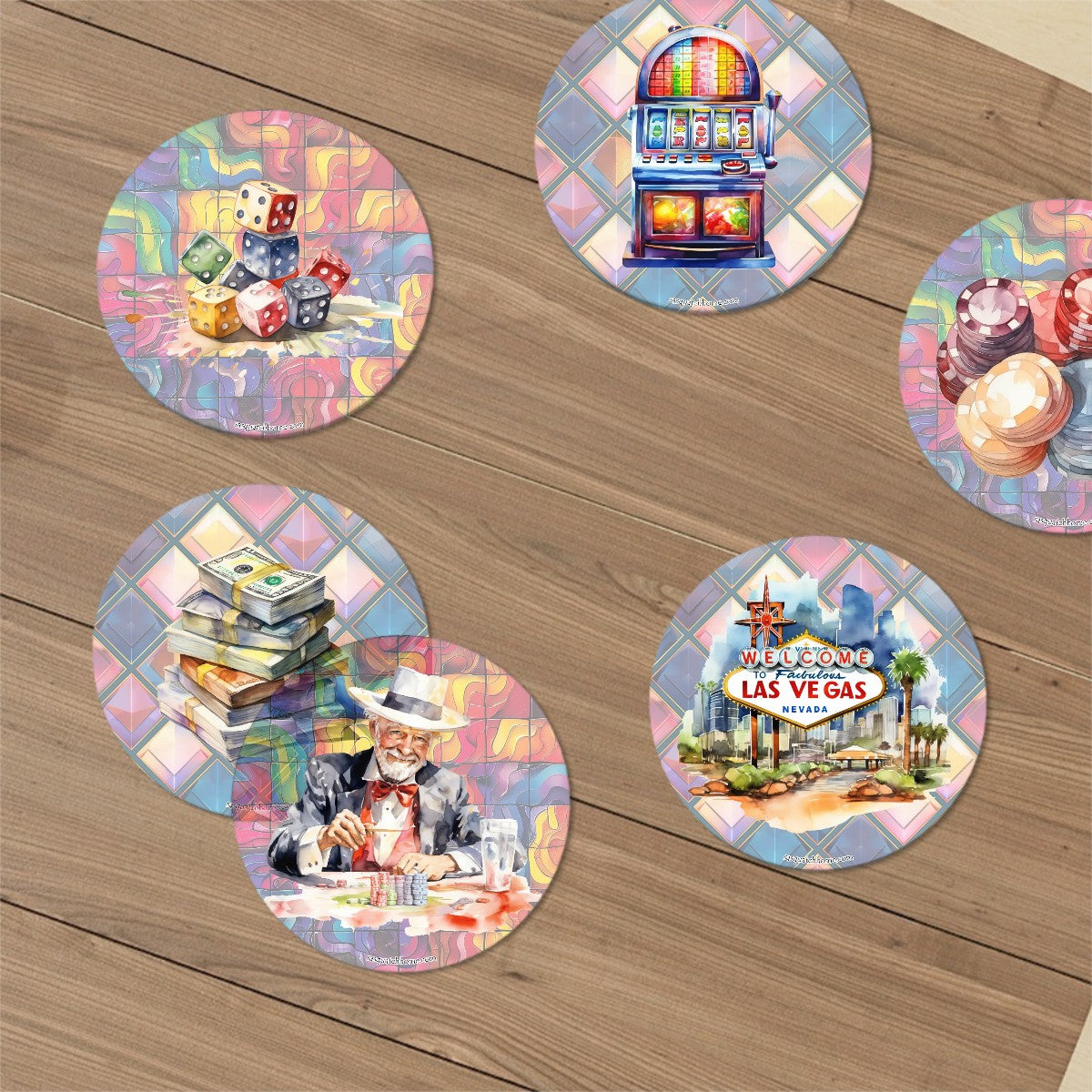 Las Vegas, Gambling Theme, 6 Ceramic Coasters w metal stand