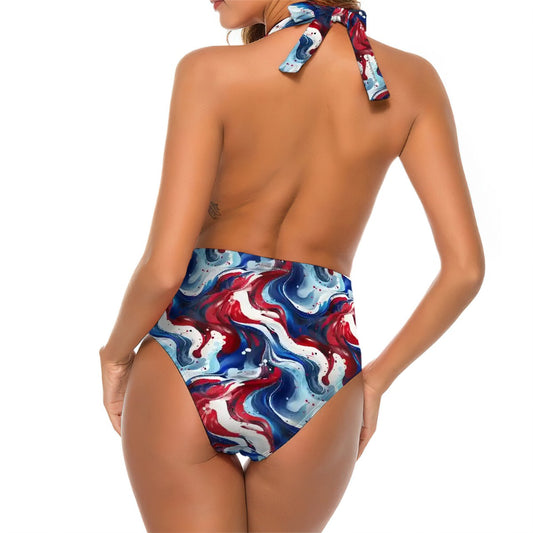 Patriotic Swirls, Women’s Deep V One Piece Swimsuit