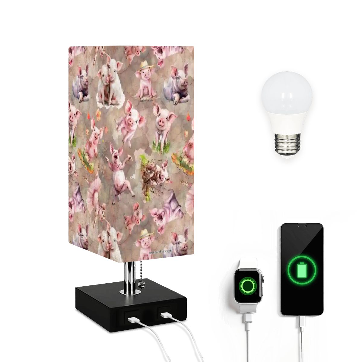 10 Animal Designs, Square Table Lamp with USB Ports, Charger