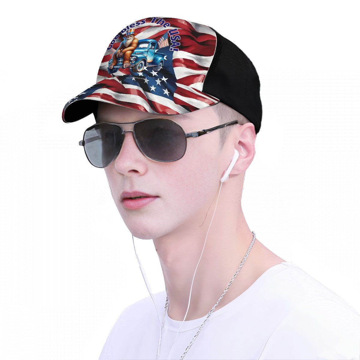 Bigfoot, Sasquatch, "God bless the USA" Baseball Cap, Polyester Twill