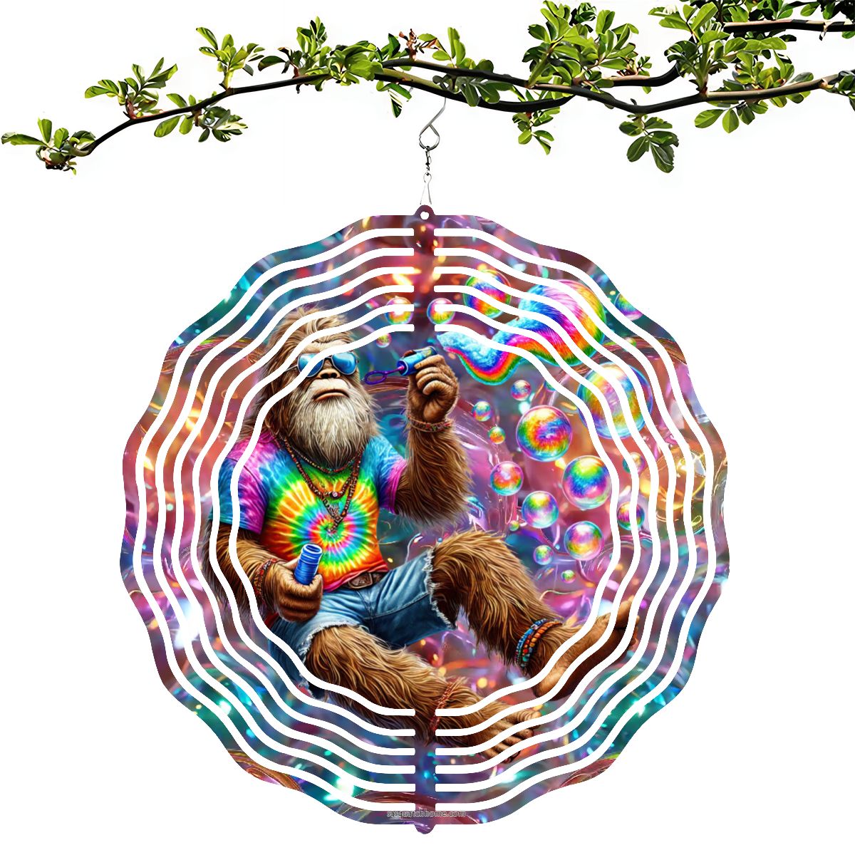Hippie Sasquatch Blow Bubbles, US Made Hanging Metal 3D Wind Spinner, Ornament