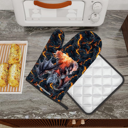 Set of 2 Oven Mitt and Pot Holder - Dragon On Lava