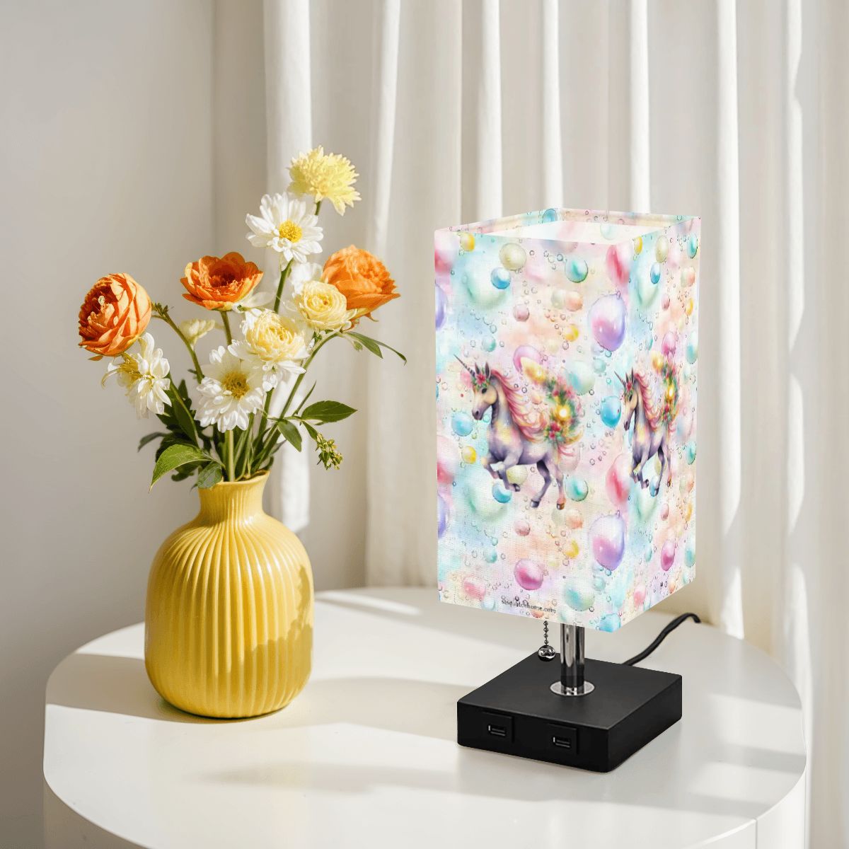 Unicorns & Bubbles, Square Table Lamp with USB Ports, Charger