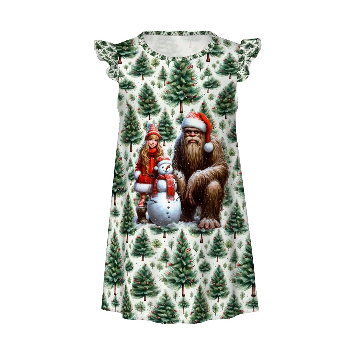 Sasquatch Santa and Girl, Girl's Flutter Sleeve Nightgown
