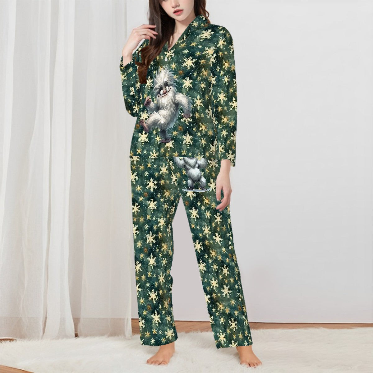 Cute Yeti on Snowflakes, Women’s Long Sleeved Pajama Set