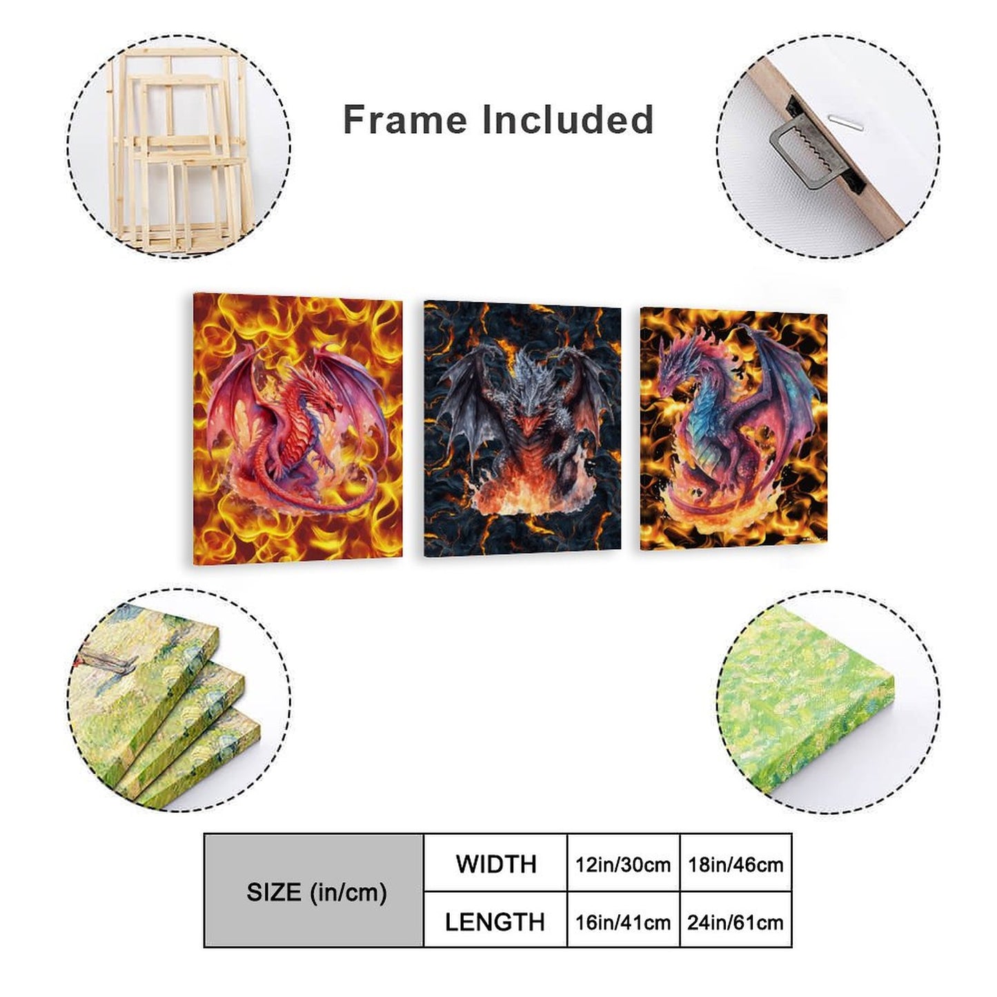 Fire Dragons Canvas Wall Art - 12”x 16” or 18”x24” (x 3) - Made In USA