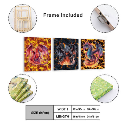 Fire Dragons Canvas Wall Art - 12”x 16” or 18”x24” (x 3) - Made In USA