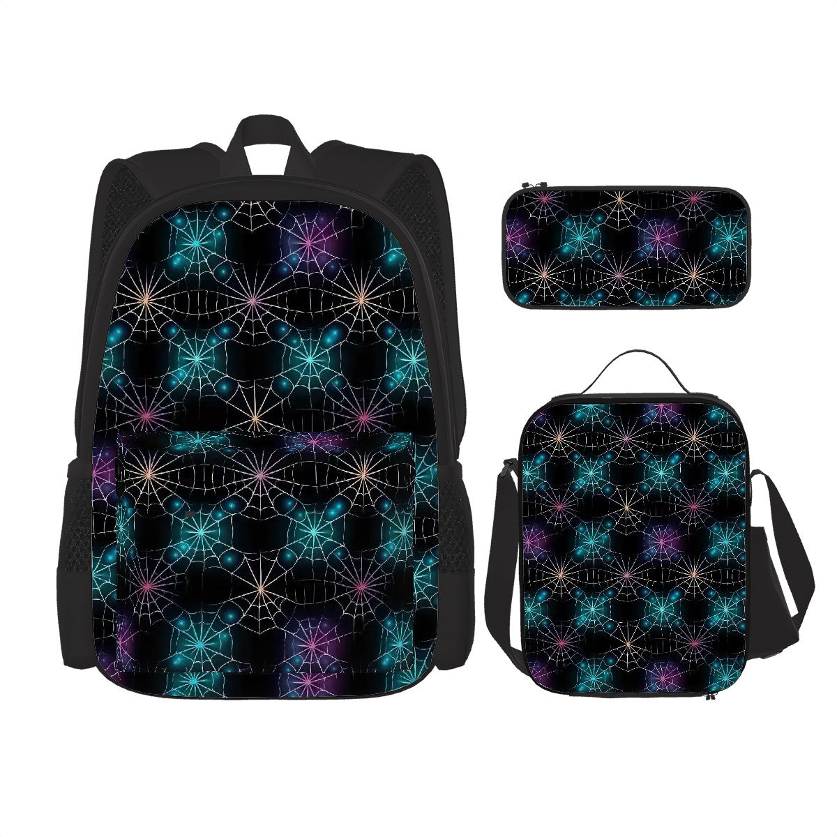 Colored Spiderwebs, 3 Piece Bag Set – Oxford Backpack, Lunch Bag, Pencil Pouch