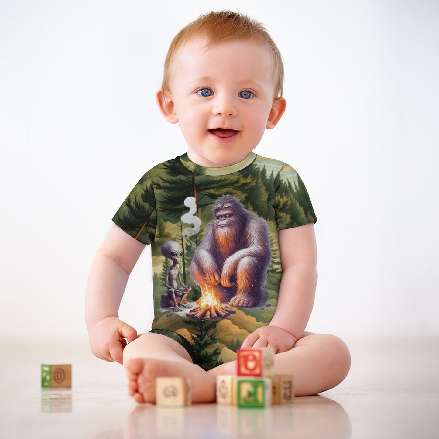 Bigfoot / Sasquatch & Alien, Faux Cotton Short Sleeve Baby Bodysuit Romper
