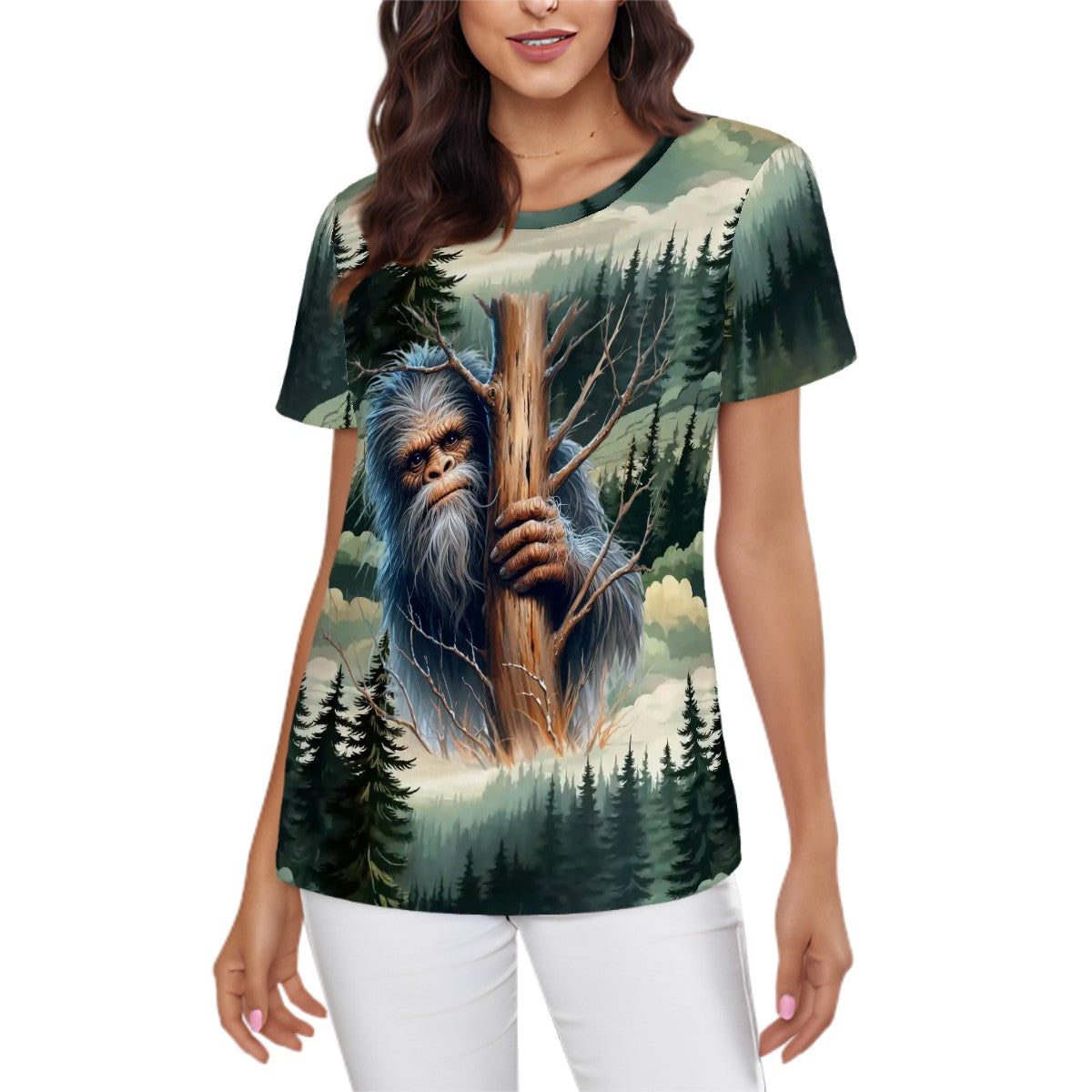 Bigfoot, Sasquatch, In The Woods, Women’s Polyester Short Sleeve T-Shirt