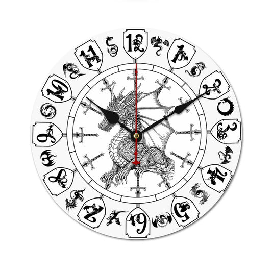 Dragon Themed, B & W Wooden Wall Clock