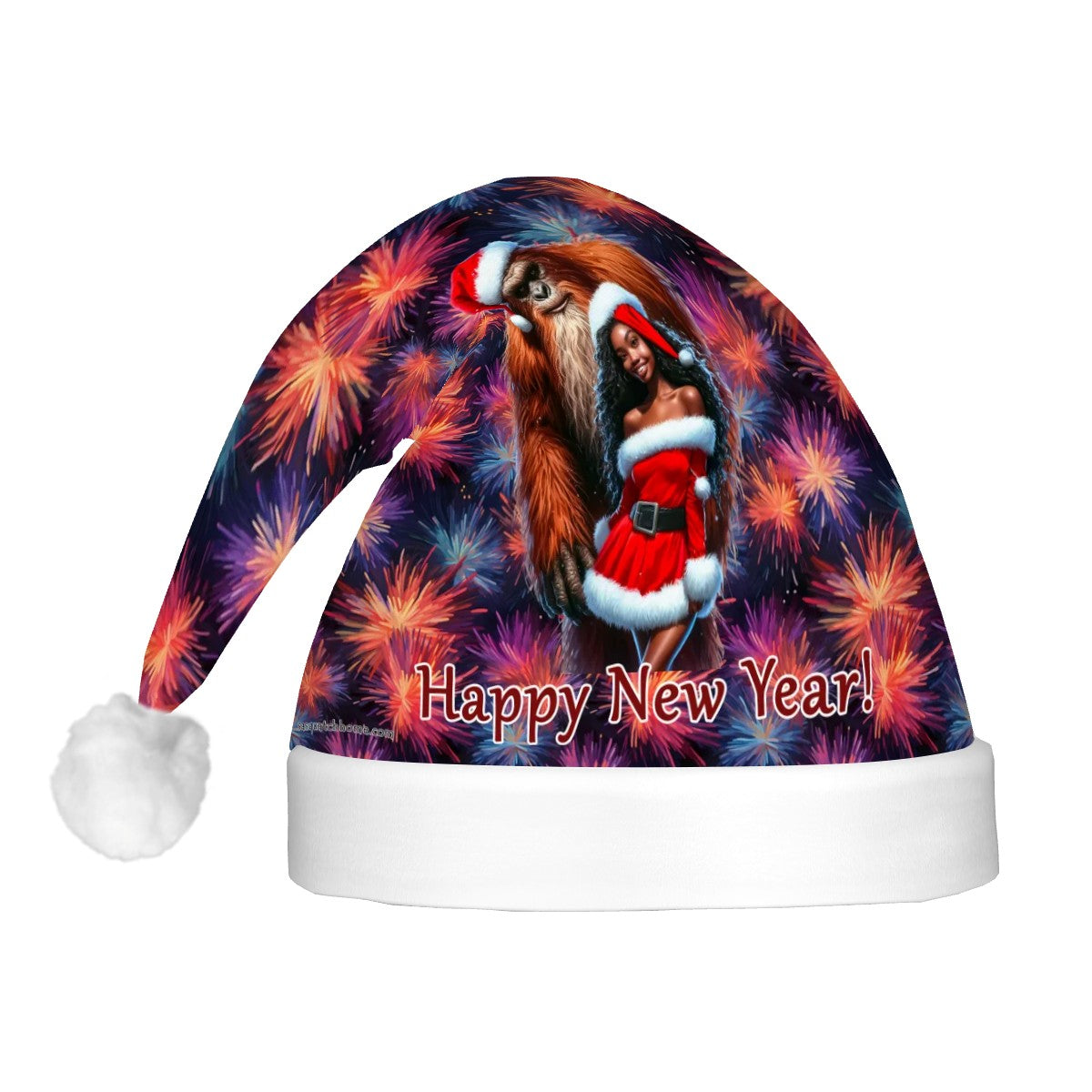 Sasquatch Bigfoot w Sexy gal, Adult Plush Santa Hat with Light