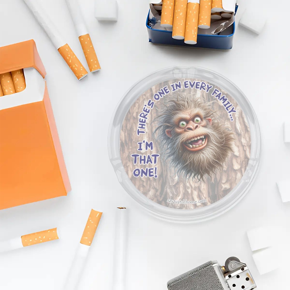 3 .3" Round, Lead Free Glass Ashtray - Bigfoot, Sasquatch "There's One In Every Family"