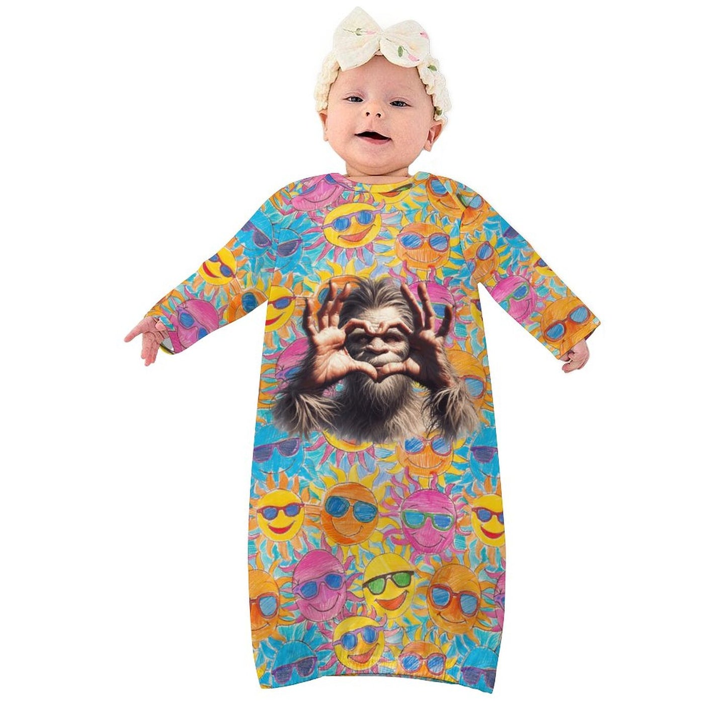 Bigfoot / Sasquatch Heart on Suns, Baby Long Sleeve Faux Cotton Sleeper Gown