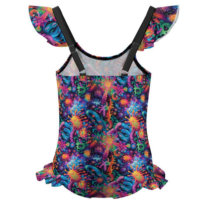 10 Psychedelic Designs, Girls One-Piece Summer Swimsuit, Ruffle Shoulder
