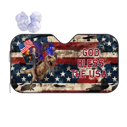Donald Trump on TRex, "God bless the USA", Auto Car Windshield Sun Shade