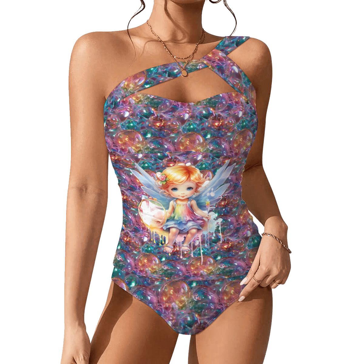 Baby Angel on Bubbles, Women One Shoulder Tankini, Two Piece